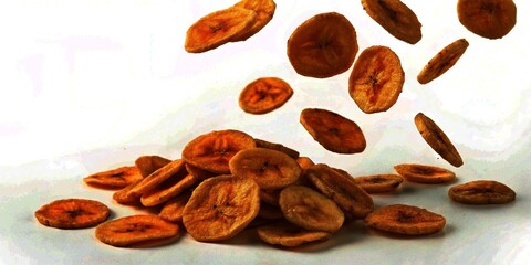 Obraz premium Crispy Banana Chips Falling Isolated on White Background - Perfect Snack Photography, Healthy Food, Delicious Treat, Vegetarian Snack, Gourmet Snack, Natural Ingredients, Crunchy Delight