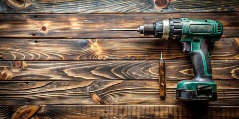 A cordless drill with a metal bit rests on a weathered wooden surface, accompanied by a smaller wood-handled tool, suggesting the completion of a DIY project.