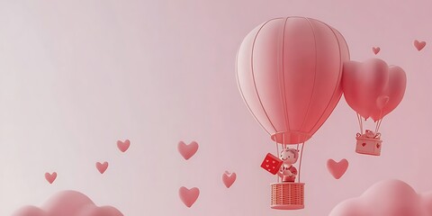 3D heart-shaped hot air balloon with small hearts flying in the sky against a pink background, in a minimalistic style, cute and dreamy