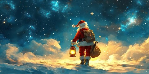 Naklejka premium Magical Christmas Night Scene with Santa Claus Holding Lantern, Surrounded by Stars and Clouds in a Dreamy Winter Landscape