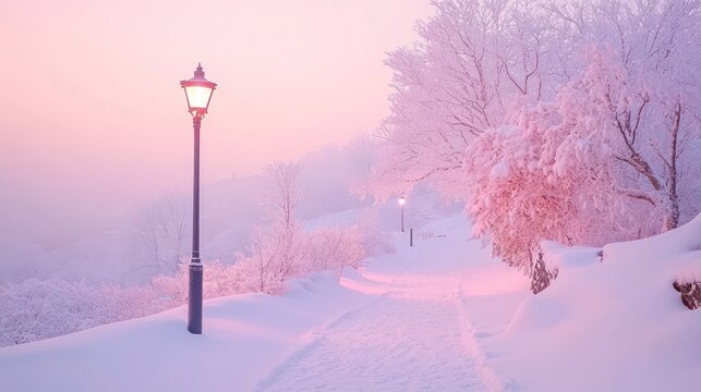 Serene winter landscape with snowy path and glowing street lamps.