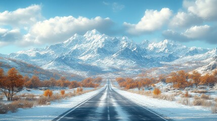 Empty asphalt road leading towards a snow-capped mountain range, with a blue sky and white clouds above.