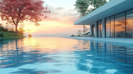 Fototapeta premium Serene sunset view over a modern pool and tranquil landscape.