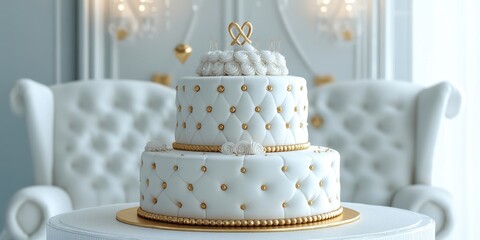 Elegant white two-tier wedding cake with gold accents set against luxurious chairs. Perfect for upscale celebrations and receptions.