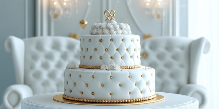 Elegant white two-tier wedding cake with gold accents set against luxurious chairs. Perfect for upscale celebrations and receptions.