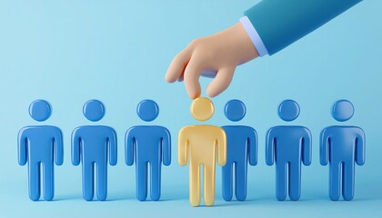 A hand selects a yellow figure among blue ones, symbolizing choice, leadership, or recruitment in a minimalistic design.