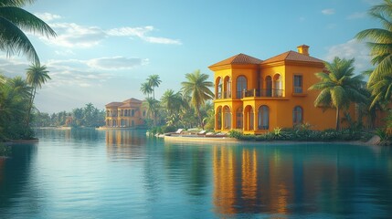 Obraz premium Scenic waterfront villas surrounded by lush palm trees and water.