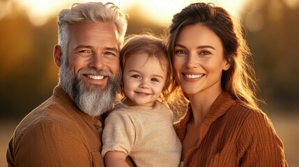Fototapeta premium Happy family portrait in natural sunlight, featuring smiling parents and child outdoors during golden hour.