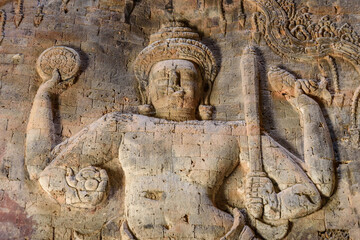 Bas-relief sculpture at Kravan temple, Siem Reap, Cambodia.