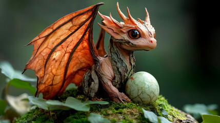 Enchanting dragon hatchling resting beside its egg
