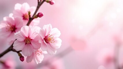 Fototapeta premium Cherry blossom branch, soft gradient background, pink flowers