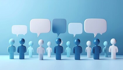 Obraz premium A group of stylized figures in blue and white, surrounded by speech bubbles, representing communication and discussion.