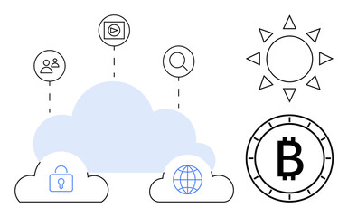 Cloud with connected icons for security, networking, media, search, collaboration, sun, and Bitcoin. Ideal for tech, blockchain, cloud services, data security networking internet services digital