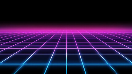A retro-style grid with pink and blue neon lines receding into the distance against a black background.