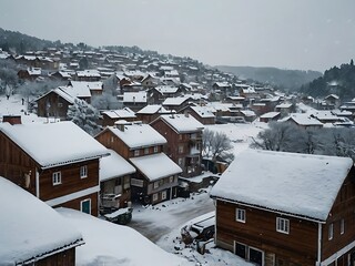Snow-covered wooden houses in a village on a hillside