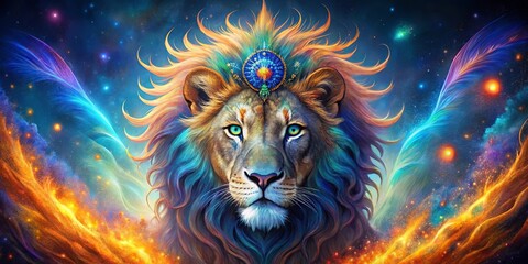 Fototapeta premium Majestic Lion with Vibrant Cosmic Mane and Regal Crown, Encircled by Glowing Celestial Wings and Nebulas