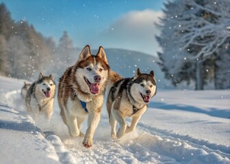 Naklejka premium Front View of Four Siberian Huskies Racing in Winter Landscape - Dynamic Action Shot of Sled Dogs in Snowy Environment