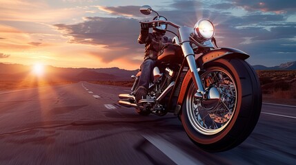 Naklejka premium A vintage motorcyclist exudes masculine charm, dressed in classic leather gear, confidently riding a timeless motorcycle that embodies rugged style and bold charisma.