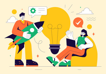 Explore an Innovative and Creative Vector Illustration Featuring a Startup with Software and Web Development, the Power of Innovation and New Ideas