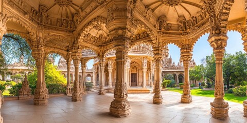 Obraz premium Intricate architectural details of a temple with ornate pillars and lush greenery.