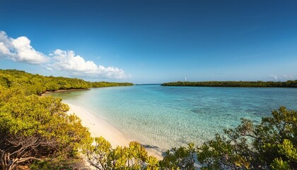 Naklejka premium Tropical Coastal Lagoon With Calm Turquoise Waters, Surrounded by Mangroves and Sandy Shores, Under the Bright Midday Sun and Clear Blue Skies in a Remote Island Setting