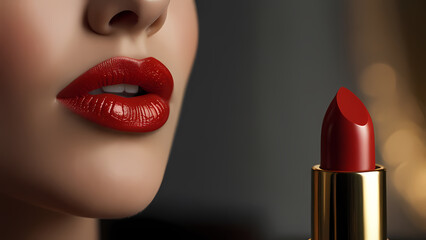 close-up image of a luxury lipstick placed elegantly on a table, bathed in warm sunset light streaming in through a nearby window
