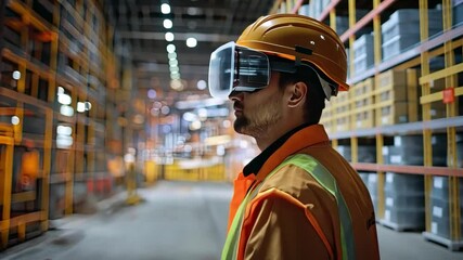 VR in the Warehouse: A worker in a hard hat and safety vest uses a VR headset to navigate and manage a warehouse, representing the integration of technology into industrial settings.   - Powered by Adobe
