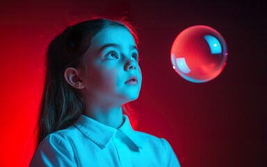 Kids playing with bubbles concept. Girl Gazing at Bubble with Imagination and Wonder