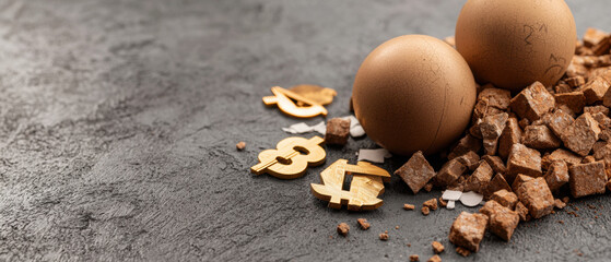 Globalization Trade War Concept. A close-up view of two brown eggs beside crumbly chocolate pieces and playful letter shapes, set against a textured gray surface.