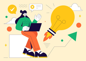Explore an Innovative and Creative Vector Illustration Featuring a Startup with Software and Web Development, the Power of Innovation and New Ideas