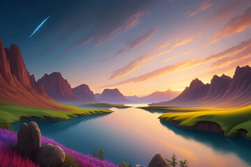 Fototapeta premium Beautiful and Peaceful Nature Scenery Illustration Landscape Countryside Tranquil Vibrant and Colorful