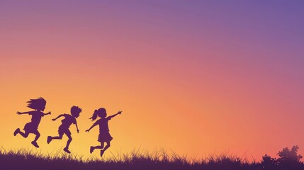 Obraz premium Joyful silhouettes of children jumping against a serene sunset sky, capturing playful moments and happiness