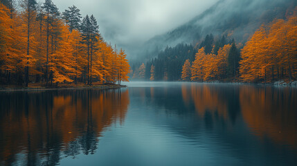 Misty Autumn Lake with Vibrant Orange Trees..