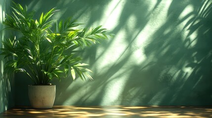 A tranquil indoor scene featuring a potted plant and textured wall.