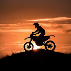A Motorbike rider on a hill during sunset 
