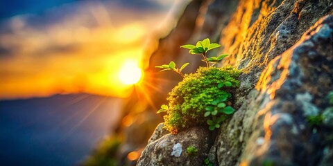 A patch of vibrant green moss clinging to a rugged rock face, bathed in the golden glow of a setting sun.