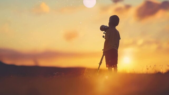 Silhouette of a child looking through a telescope at dusk, with stars visible in a warm, dreamy sunset sky.