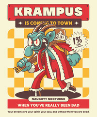 Krampus Is Coming To Town Retro Cartoon Illustration Design