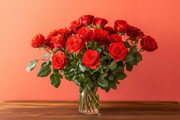 Fototapeta premium Happy Valentine's day concept with rose flowers bouquet on wooden table over trendy peach color background with generative ai