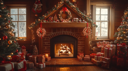 A cozy cottage decorated with a Christmas tree, lights, presents, and a large roaring fireplace