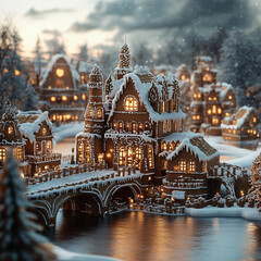 Festive fairytale gingerbread castle and town lit up with lights in front of a bridge over water