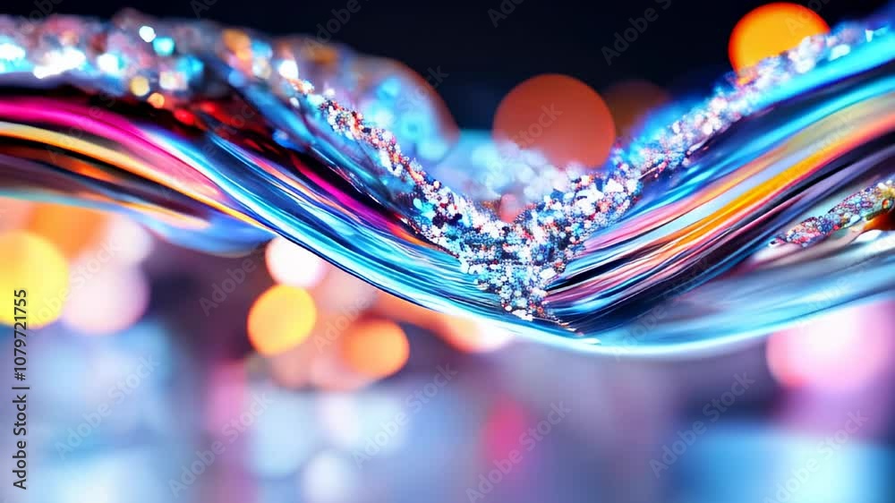 Poster crystal-clear wave decorated with sparkling drops, illuminated by colorful bokeh lights in the backg