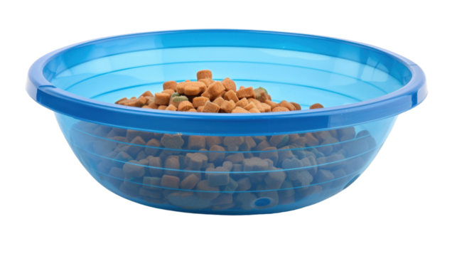 Plastic bowl full with dog food on white transparent background