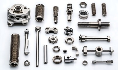 Fototapeta premium Auto motor mechanic spare or automotive component. new metal car part set. auto engine repair