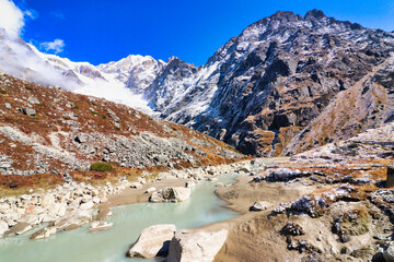 Rugged trail rises over rocky glacial terrain and meltpools following the Hinku river up to Khare village on route to the  Base camp of Mera Peak,a 6476 meter high peak in the Khumbu Himalayas,Nepal