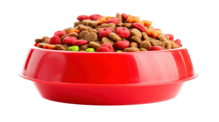 Plastic bowl full with dog food on white transparent background