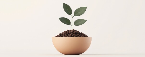 Fototapeta premium Economic Growth and Climate Change concept. A small plant with green leaves grows from a bowl filled with dark soil, symbolizing growth and nurturing in a minimalist setting.