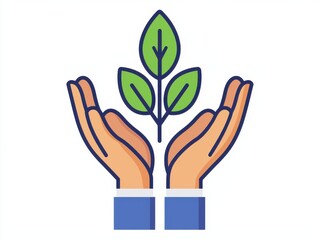 Obraz premium Economic Growth and Climate Change concept. Two hands cradling a small plant, symbolizing care for nature and sustainability.