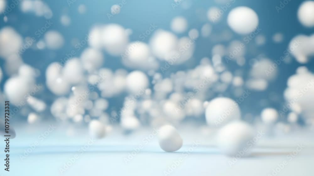Poster abstract scene of floating white spheres with a soft bokeh effect, creating a light and airy atmosph