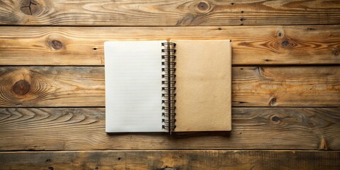 Fototapeta premium A rustic, open notebook with lined pages and a kraft paper cover sits on a weathered wood surface